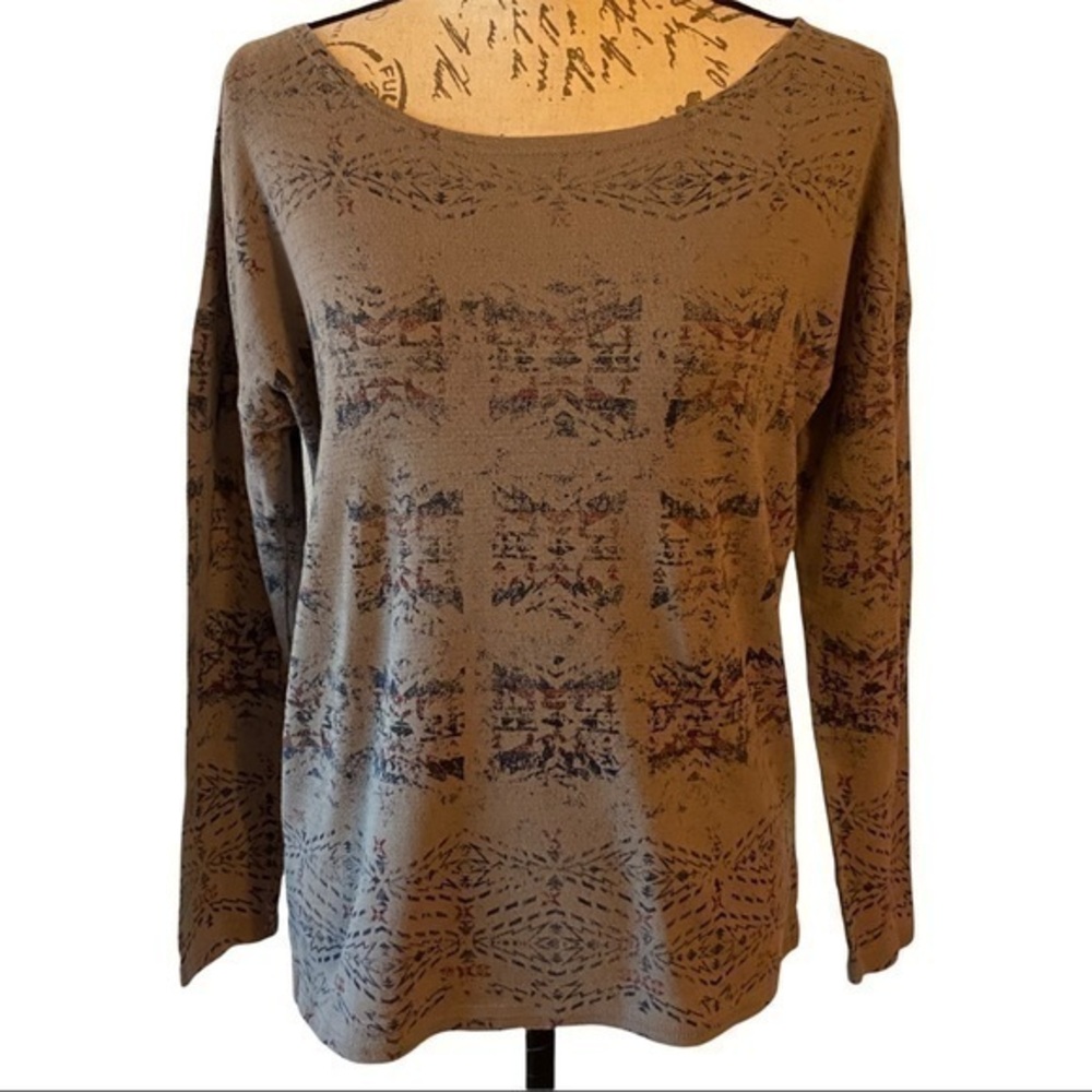 PENDELTON KNIT TOP LONG SLEEVE GEOMETRIC  PRINT TAN SIZE XS